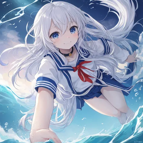 (:1.3),Shirase Fuku,a sailor suit, white theme,校服, a sailor suit, looking at viewert,  frenzied, Long messy hair, 美丽细致的眼睛,hair glowing,dramatic angles,Blue sailor collar, Straight,light  smile,partial underwater shot...