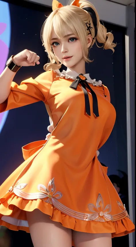 Marie Rose, blonde hair, ((12year old)), ((Short curly hair)), Eyes((Smart Eyes, Black)), Clothes((satin, Mini dress, Ribbon trim, orange, orange)), Accessories ((hair clips, shock, Bracelet)), Ponytail, (((slender, huge tits))), huge-breasted, Korean Make...