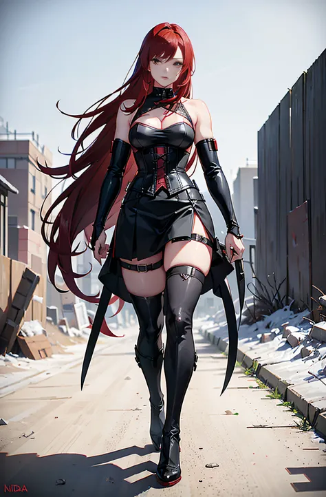 Red-haired woman in black corset walks on battlefield, Combat skirt，There  a red mark in the center of the eyebrow，Female action anime girl,Portrait Ninja Gaiden，One -handed sword，a very beautiful violent woman, cyberpunk anime girl, Goth girl beautiful fe...