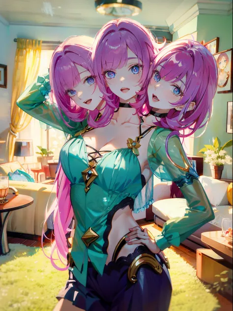 (masterpiece, best quality), best resolution, (3heads:1.5), 1girl, pink hair, blue eyes, open mouth, looking at viewer, hands on...