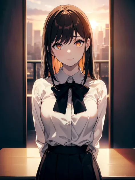 (Obra maestra, La mejor calidad, ultrahigh resolution), 1girl, school uniform, white office shirt, black pleated skirt, light brown hair, long hair cut, pale skin, (orange eyes), glowing_eyes, neon eyes, (ultra detailed eyes, beautiful and detailed face, d...