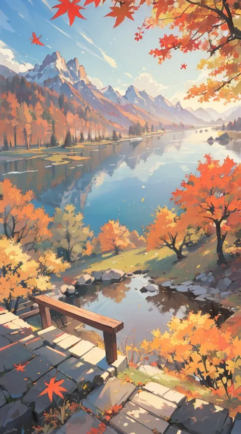 (autumn landscape, vibrant colors, golden leaves, peaceful atmosphere, warm sunlight, serene ambiance, gentle breeze, breathtaking view, distant mountains, quiet park, falling leaves, cozy feeling, calm serenity, tranquil mood, picturesque scene, natures b...