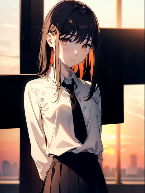 (Obra maestra, La mejor calidad, ultrahigh resolution), 1girl, school uniform, white office shirt, black pleated skirt, light brown hair, long hair cut, pale skin, (orange eyes), glowing_eyes, neon eyes, (ultra detailed eyes, beautiful and detailed face, d...