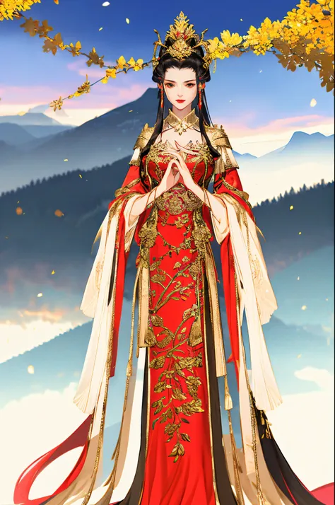 golden crown black hair red dress，sexy figure，full bust，mountain standing painting，standing picture，full body lesbian！！facing at...