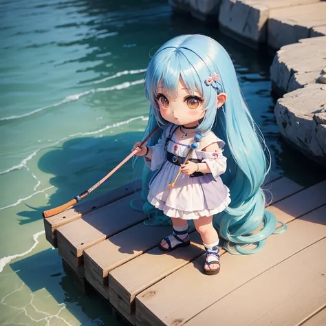 Chibichara　long hair with blue hair((Chibi Chara))、Fishing in the sea、girl with、Chibi Chara、full body Esbian、Pastel colors hair、masutepiece、top-quality、