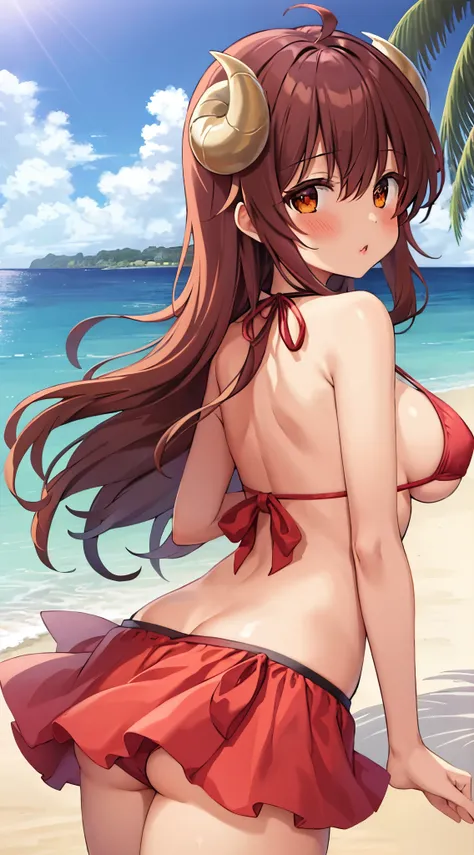 best quality, masterpiece, highly detailed, illustration, 1girl, solo, yoshida yuuko (machikado mazoku), horns, shamiko, bikini, bikini skirt, beach, (view from behind), glossy lips, lips parted,