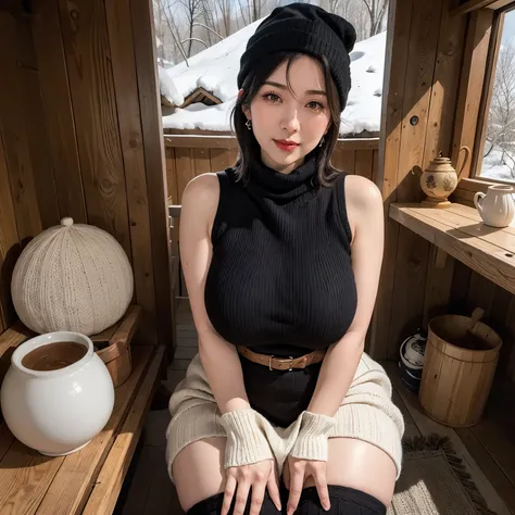 (masutepiece:1.1, Best Quality:1.1, 16K HDR, High resolution), (1girl in, 1 elderly person), (Super beautiful mature Japanese woman, Older, A MILF), (Black hair, Knitted Cap:1.3), (Snow Globes:1.15, snow scarf, turtle necked sweater, Sleeveless sweater, Mi...