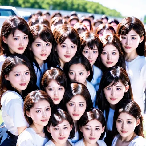 Raw photo、(((multiple girls))),((((6+girls)))),((((100girls)))),(((1000girls)))、((((100 Girls))))、(((crowd shot)))、Women only、The same face、matching school uniform、12 years old、Long black hair、100 cute girls going to school、a smile、Commuting to school、Scho...