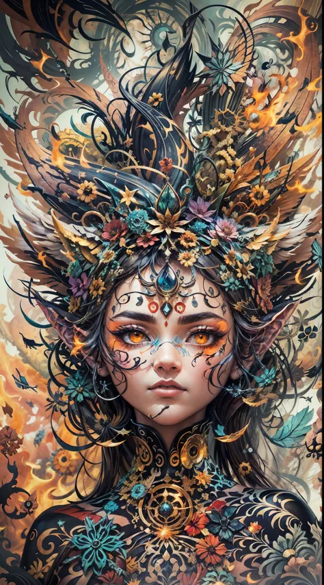 Explosive, otherworldly painting of a shape-shifting deity adorned with chaotic life and vitality soul motifs and omnipresent, piercing eyes, a breathtaking amalgamation of fine art and captivating photo collage, mesmerizing poster design:: their appearanc...