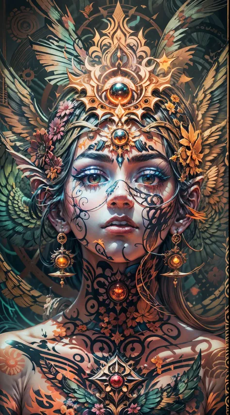 half body potrait,explosive, otherworldly painting of a shape-shifting deity adorned with chaotic life and vitality soul motifs ...