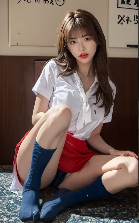 ​masterpiece, hi-school girl、Blue Eye、Bright brunette、（School Uniforms:1.5）、（M-shaped legs:1.5）、opens legs、Huge breasts are coming out、(((Wear red T-back underwear)))、Navy Socks、Wear upper shoes、（Bright school classroom:1.5）the viewer, Realistis, full body...