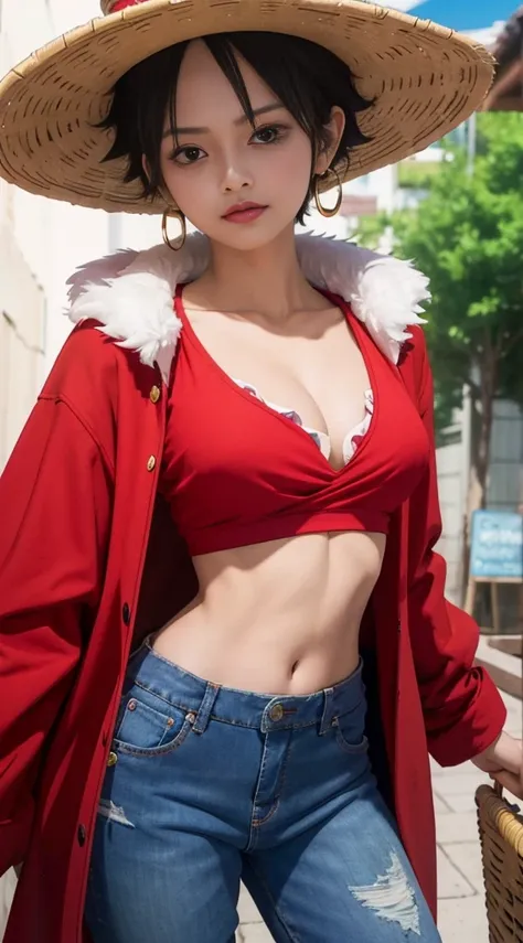 masterpiece, best quality, 8k,highestres, absurdres, extremely detailed, female monkey d luffy, 1girl, solo, looking at viewer, short hair, medium breasts, navel, cleavage, collarbone, earrings, midriff, pants, coat, fur trim, red shirt,straw hat ,short je...