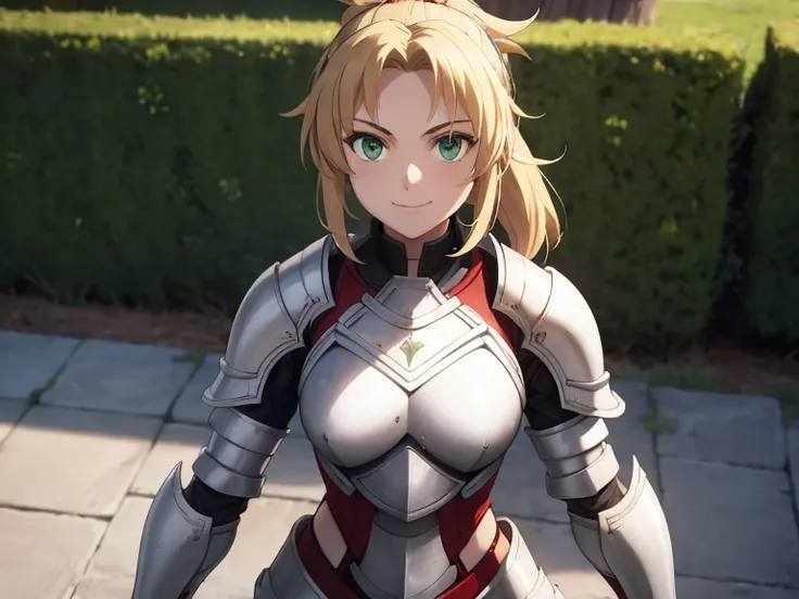 1girl, green eyes, wearing heavy armor, high res, ultrasharp, 8K, masterpiece, looking at viewer, smiling, blonde, messy mid-pony tail, posing, white armor, red hair tie