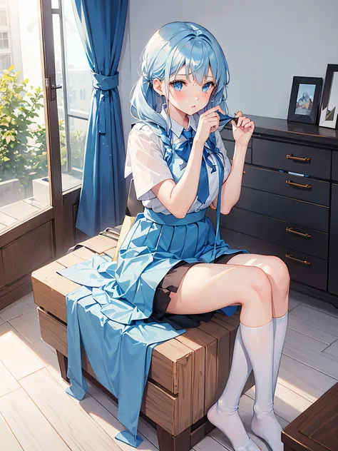 1girl in,Light Blue Medium Hair,Tying hair,Light blue eyes,Cute,blush,medium breasts⁩, high-school uniform, Black tights, Black underwear, I see underwear, sitting on, Open legs