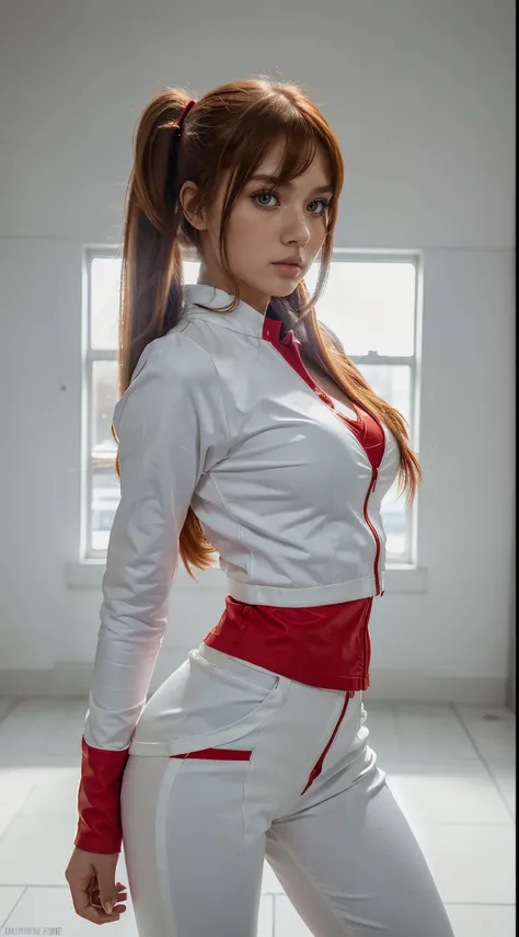 (best quality), high resolution, portrait of Asuka Langley Soryu, Beautiful Pretty Mixed German Teenage, (Beautiful face), lips, alluring gaze, Red Jacket Suit, White T Shirt, Long Red Pants, Red High Heels, Auburn Twin Tails Ribbon Red Long Hair, (front v...