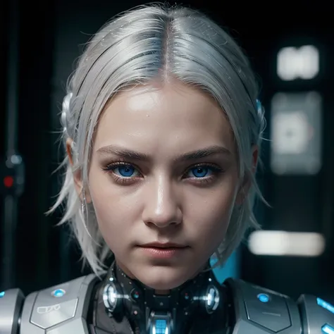 masterpiece,best quality,ultra-detailed,8K,detailed light,detailed shadow,RAW, (detailed skin),(realistic:1.2),
1 russian girl,face,18 year old,white hair, blue eyes, Robotic face  cyberpunk style , robotic eyez , cyborg face