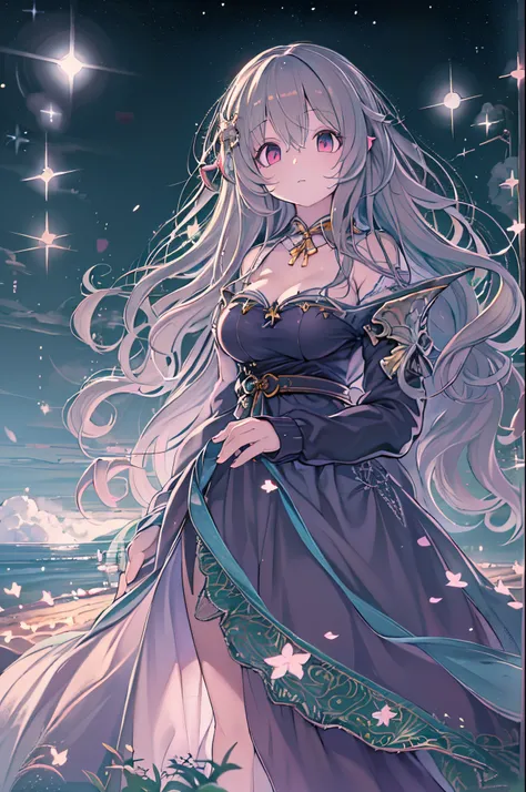 Detailed background, masutepiece, Best Quality, 1 person , Curly hair, Long hair, Purple eyes, stars in the eyes , Strapless blouse, long skirt