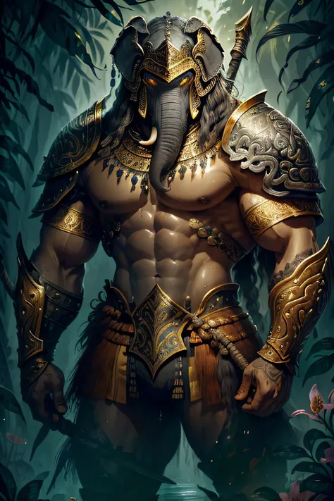 A great extremely muscular warrior with the head of an elephant, gray leathery skin, golden armor, jewels, spear, shield, background jungle with vibrant flowers, wet, humid, (misty 1.3), ink, stylized, highly detailed, art, fantasy, vibrant colors