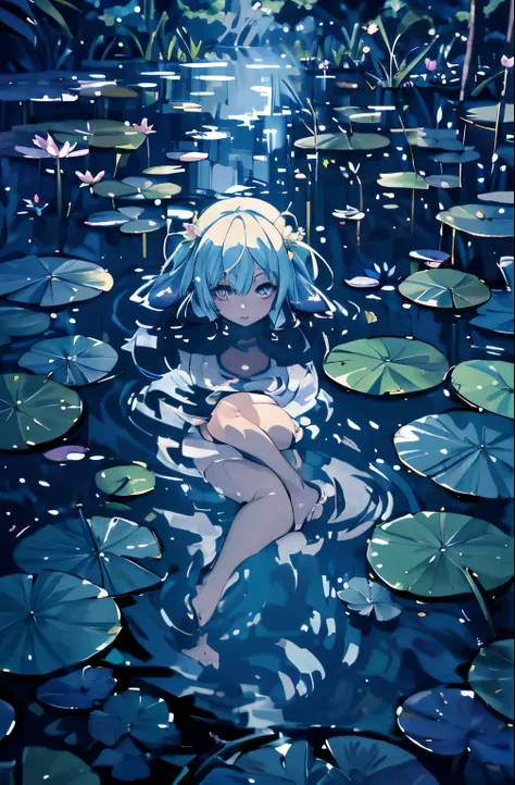 anime girl sitting in a pond of water with lily pads, wallpaper anime blue water, in a pond, lying on lily pad, anime girl walki...