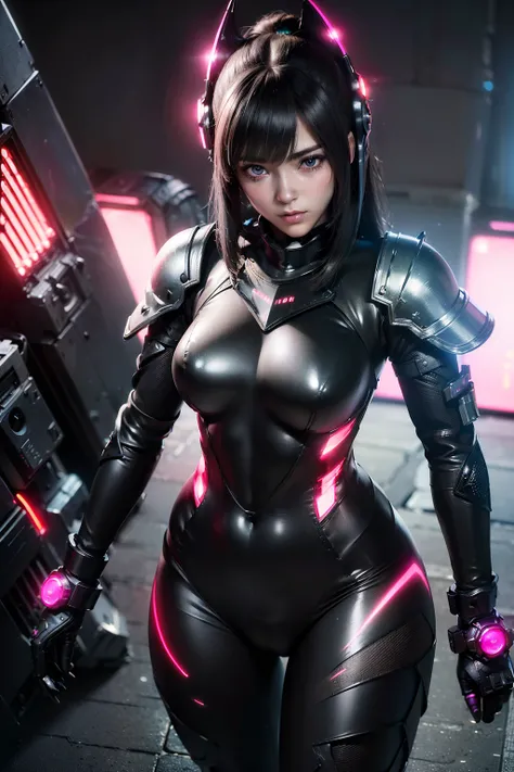 Arknights girl (masterpiece), best quality, expressive eyes, (((in hyper realistic and detailed neon-lit sci-fi plugsuit black armor, aethereal aesthetic style))) beauty korean idoll, intricate perfect beauty cute face, detailed sharp eyes, hyper realistic...