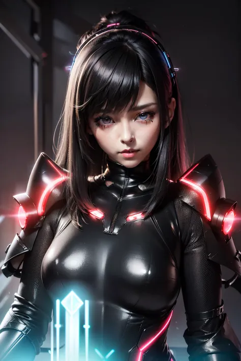 Arknights girl (masterpiece), best quality, expressive eyes, (((in hyper realistic and detailed neon-lit sci-fi plugsuit black armor, aethereal aesthetic style))) beauty korean idoll, intricate perfect beauty cute face, detailed sharp eyes, hyper realistic...