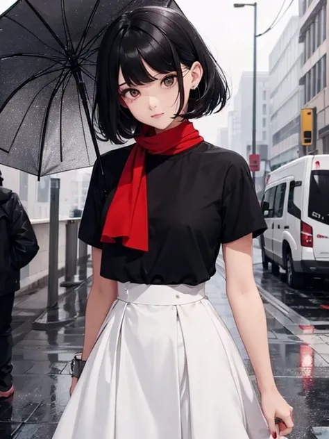 1girl, black hair, bob hairstyle, beauty, beautiful, sexy, black eyes, white shirt, red skirt, red bandana, city, rain, umbrella