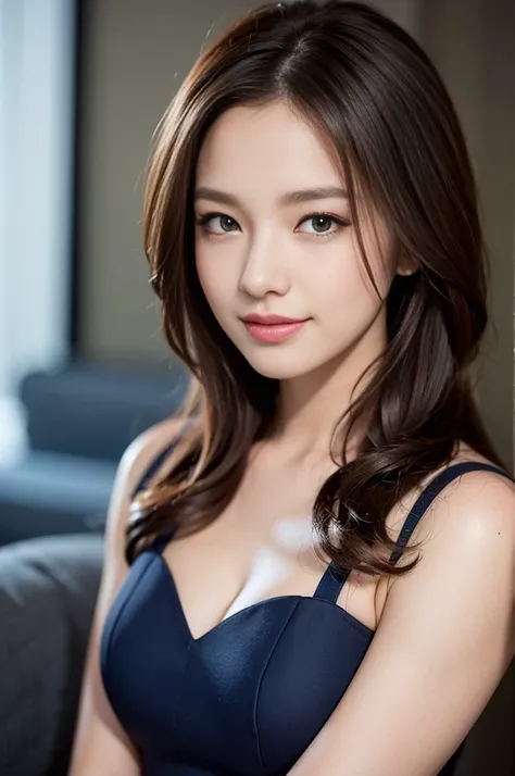 The most beautiful woman who works as a beauty salon owner、with shiny brown hair、Wearing a navy suit、Very enchanting.。Shes full of confidence々Smiled at.、toward to the camera。her fashion and expressions、The perfect balance of cuteness and elegance、draw the ...