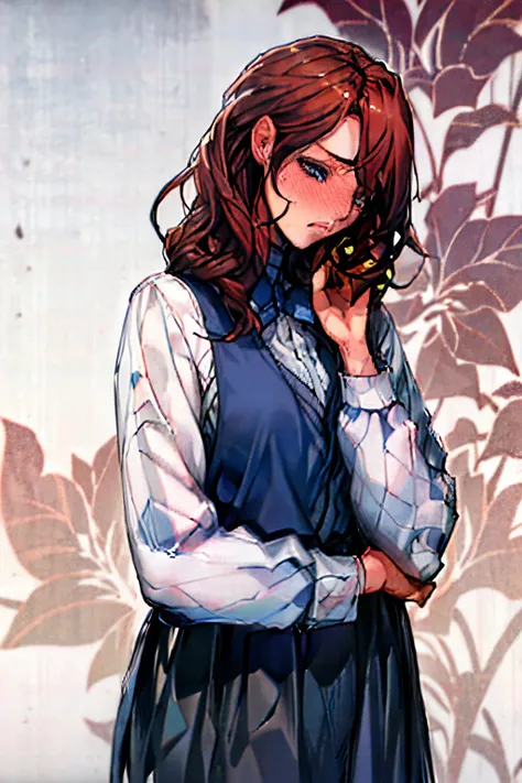 auburn hair, 1girl, blue eyes, blush, sad, school uniform, pale skin