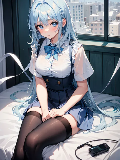 1girl in,Light Blue Medium Hair,Tying hair,Light blue eyes,Cute,blush,medium breasts⁩, high-school uniform, Black tights, Black underwear, I see underwear, sitting on, Open legs