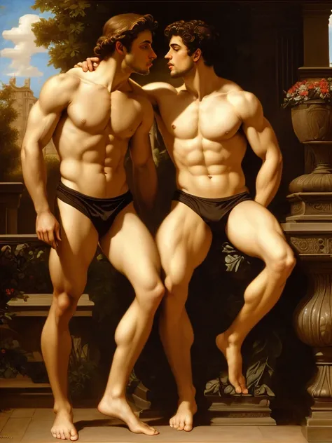 full body, Oil painting Renaissance style, ((two attractive youthful Italian men kissing)), men, mythology, perfect composition, golden ratio, abs, chest, centered, full body, centered, perfect composition, golden ratio, by William Adolph Bouguereau