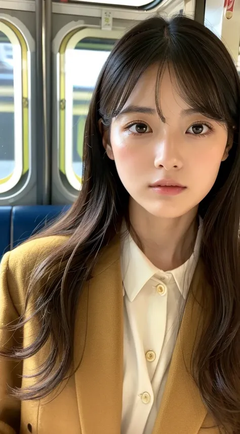 Top image quality、​masterpiece、Beautuful Women、japanes、25-years old、On the train、（masuter piece：1.3）、（8K、Photorealsitic、Raw photography、top-quality：1.4）、（1girl in）、Beautiful expression、（Lifelike face）、（A dark-haired、Realistic eyes beautiful details、（real l...