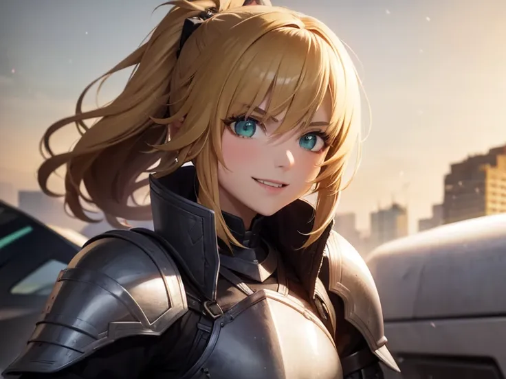 1girl, green eyes, wearing heavy armor, high res, ultrasharp, 8k, masterpiece, looking at viewer, smiling, blonde, messy mid-pon...