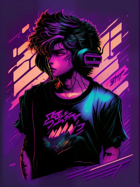 Retrowave cool boy com design de personagem fone de ouvido, adesivo, tiro de corpo inteiro, estilo anime, estilo Trigger Studio, manga art, quadrinhos, tinta, arte graffiti, graphic, cores neon, Golden proportion composition, design para tshirt, 8k, corpo ...