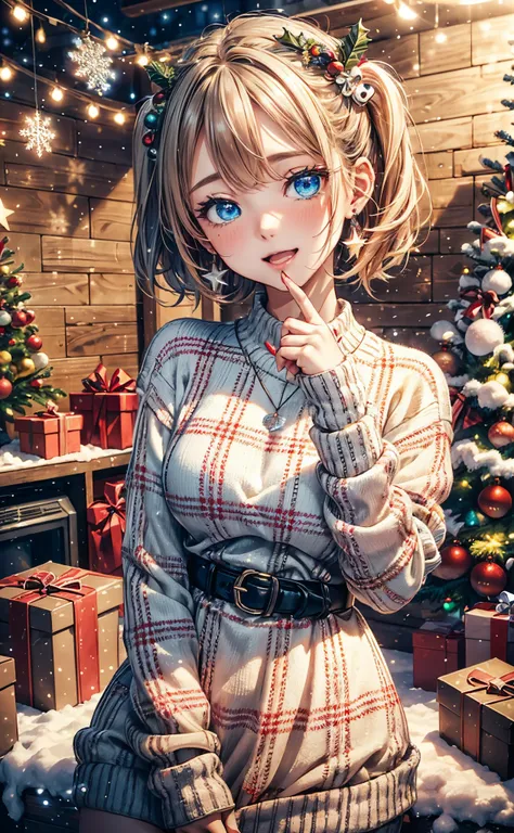 absurderes, ultra-detailliert,bright colour, Short hair,Blonde hair with fluffy short twintails:1.2) Shiny hair,(red and white plaid sweater dress:1.5),(Open mouth and laugh 1. 3),(Close one eye and feel shy:1.3),(Christmas tree:1.3),(Christmas Decorations...