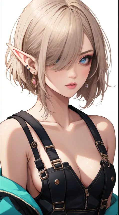 absurdres, [perfect shadows and lighting], detailed background, incredible high-key lighting, masterpiece, high quality, detailed, extremely detailed, ambient soft lighting, (elf:1.1), 1girl, bangs, bare shoulders, blush, border, breasts, cleavage, collarb...