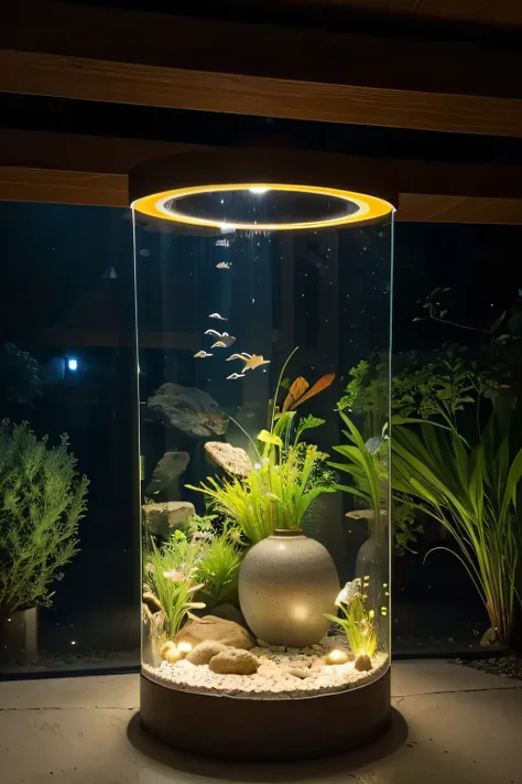 Outdoor terrace，level ground，fish tank，ancient clay jar，Ancient fish farming，LED light strip inside the tube wall，gold fish，Ornamental fish，Fish swim，water flowing，Adjust top perspective，ultraclear，Sony A1，Atmosphere light，solar light strip