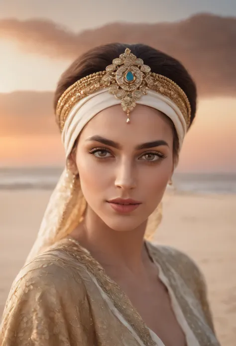 High waist portrait of beautiful and exotic Arab woman wearing Moroccan clothing on the beach, perfect detailed face, detailed symmetrical hazel eyes with round irises, stunning photorealistic, 3D rendering, octane rendering, intricately detailed, cinemati...