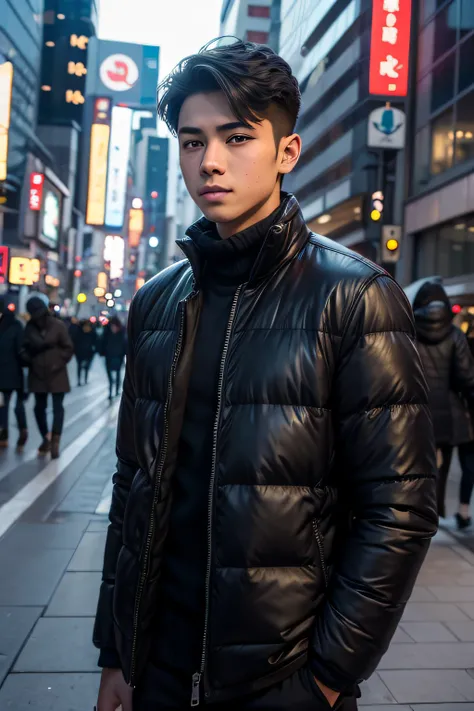 Photorealsitic, 8k full-length portraits, a handsome, Mans, 15 years old, Gentle expression, TOKYOcty, Winters, Shibuya in the background