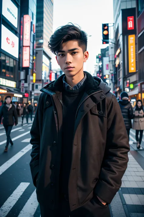 Photorealsitic, 8k full-length portraits, a handsome, Mans, 15 years old, Gentle expression, TOKYOcty, Winters, Shibuya in the background