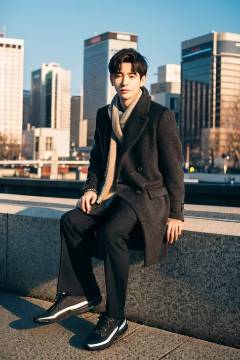 Photorealsitic, 8K full body portrait, a handsome, Mans, 15 years old, Gentle expression, TOKYOcty, Winters, Shibuya in the background