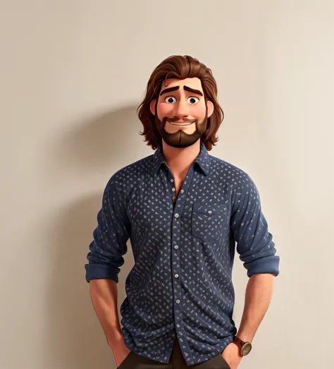 3D character Pixar Disney style of, arafed man with long hair and beard standing in front of a wall, very attractive man with beard, portrait of gigachad, yann blomquist, portrait of a rugged young man, inspired by Quirijn van Brekelenkam, a photo of a dis...