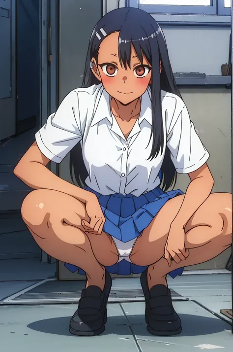 (top-quality:1.4、​masterpiece:1.4)、(nagatoro hayase:1.5、friendly gal、1girl in)、(NSFW:1.4)、(Angle from the front、Show me your panties while squatting)、 blush、Grinning、Realistic white panties、Panty seams、pantyshot、Panty crotch、Panchira、Opening legs、 校服、Beaut...