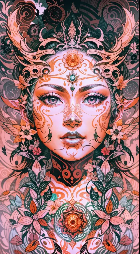 Explosive, otherworldly painting of a shape-shifting deity adorned with chaotic life and nature motifs and omnipresent, piercing eyes, a breathtaking amalgamation of fine art and captivating photo collage, mesmerizing poster design:: their appearance exude...