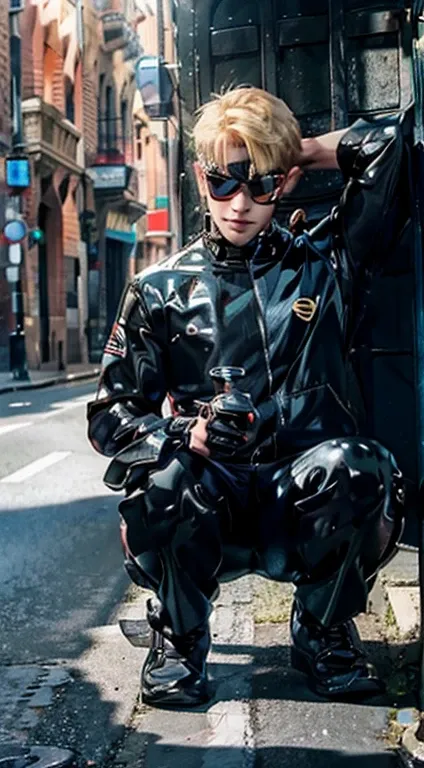 blonde hair male rubber drone with hynotic visor