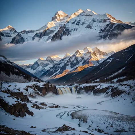 Harmony of the Himalayan Dawn: A Golden Ballet Amidst Ice-Crowned Peaks"Bask in the surreal spectacle as the inaugural rays of dawn tenderly caress the towering, ice-crowned peaks of the Himalayas, orchestrating a celestial ballet that bathes the pristine,...