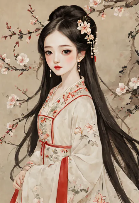 ancient girl wearing white embroidery，teenage girl with long black hair，white skinned，super big eyes，redlip，chinese style works，...