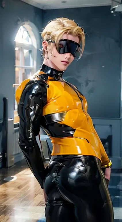 blonde hair male RUBBER DRONE with hynotic visor, tight ass