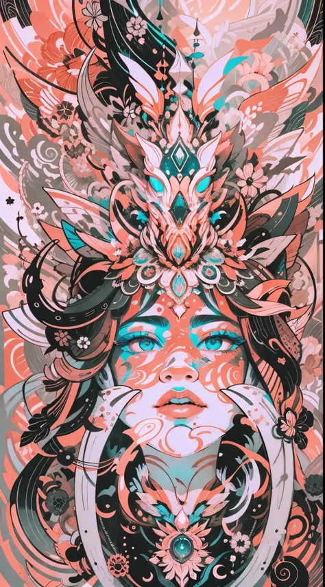 Half body, lingerie,Explosive, otherworldly painting of a shape-shifting deity adorned with chaotic life and nature motifs and omnipresent, piercing eyes, a breathtaking amalgamation of fine art and captivating photo collage, mesmerizing poster design:: th...