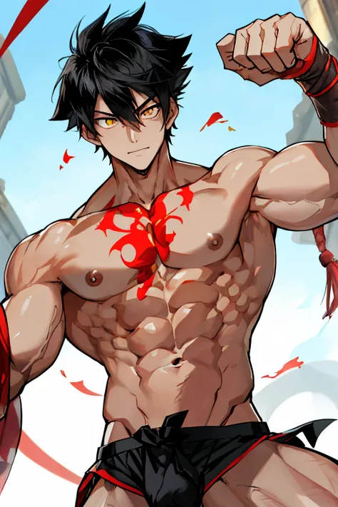 male, anime guy, ripped, jacked, muscular, red eyes, ,glowing aura, natural light, masterpiece, glossy skin, cute, kawaii, reaching up, adult, cuddle, kawaii clothes, random hair style, random clothes, black hair, yellow eyes, ((black hair)), random pose, ...