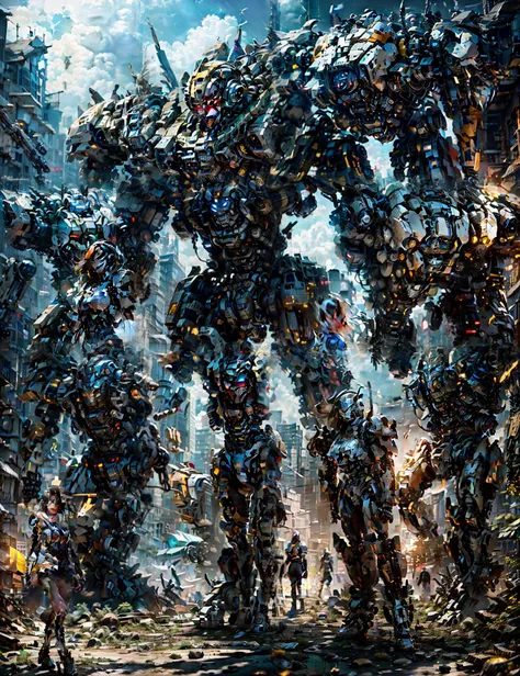 Imagine a city being attacked by giant robots 1,000 meters tall, Your task  to create an image that represents this chaos and the battle between robots and the military trying to protect humanity. Comece desenhando city, its buildings and streets, Showing ...